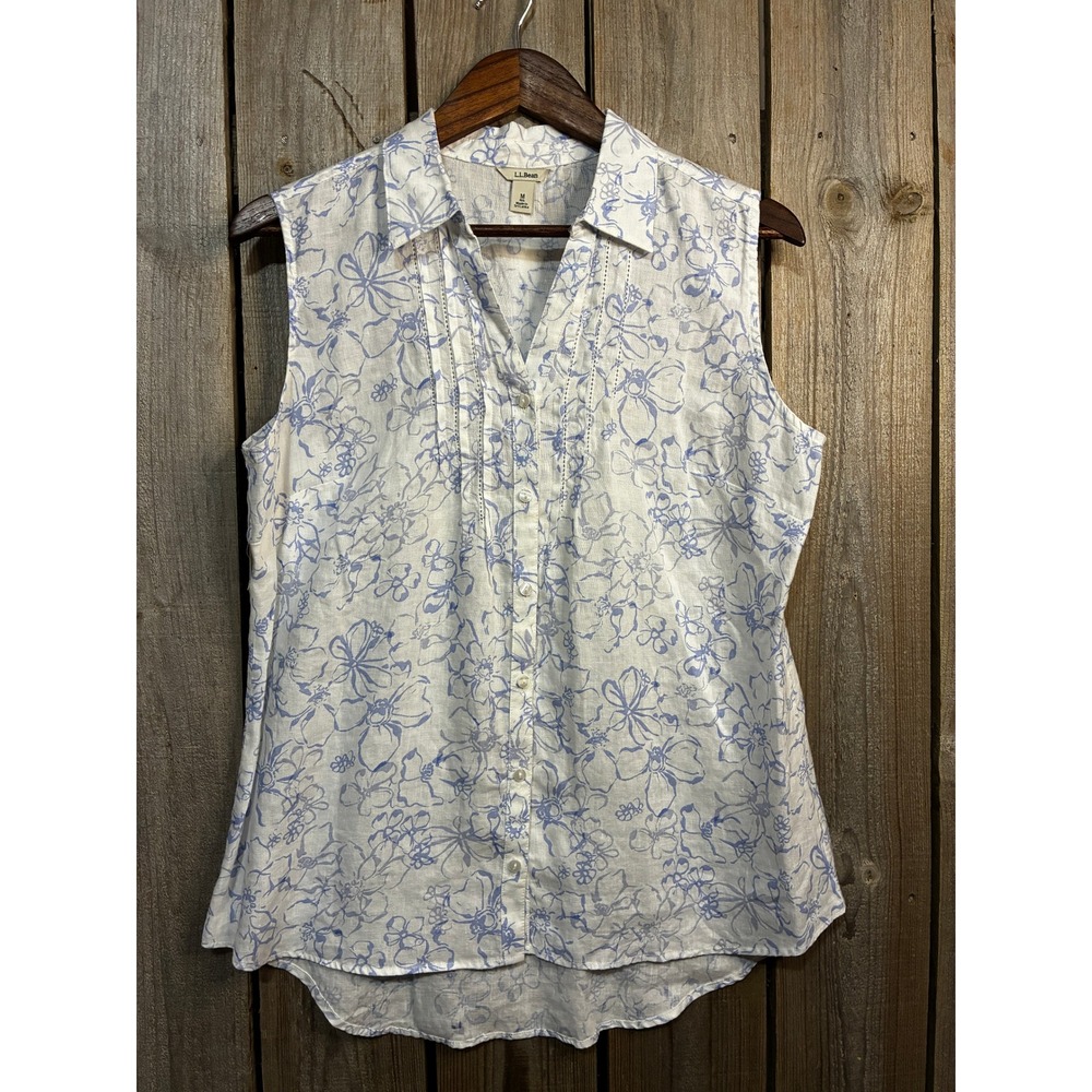 LL Bean Womens Blue Floral 100% Linen Sleeveless Pintuck Button Down Top M